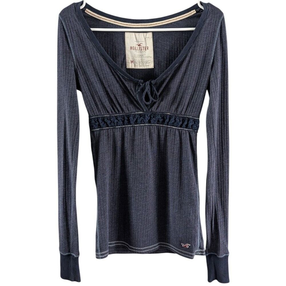 Vintage Y2K Hollister Long Sleeve Babydoll Top Ribbed Scoop Neck Bella Swan Blue